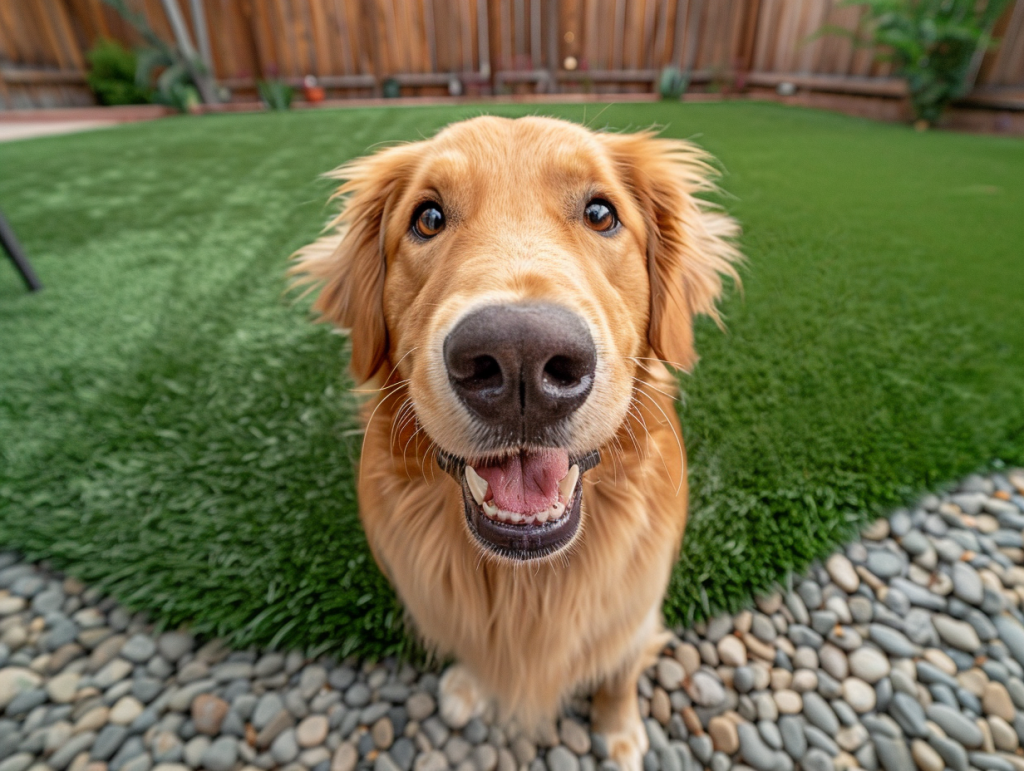 A clean backyard with a happy dog
